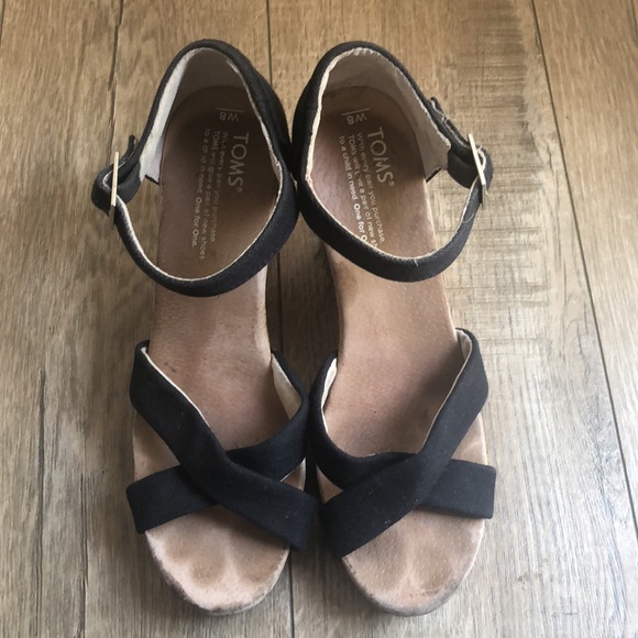 Toms Canvas Strappy Wedge Sandals Black Size 8 - Picture 3 of 10